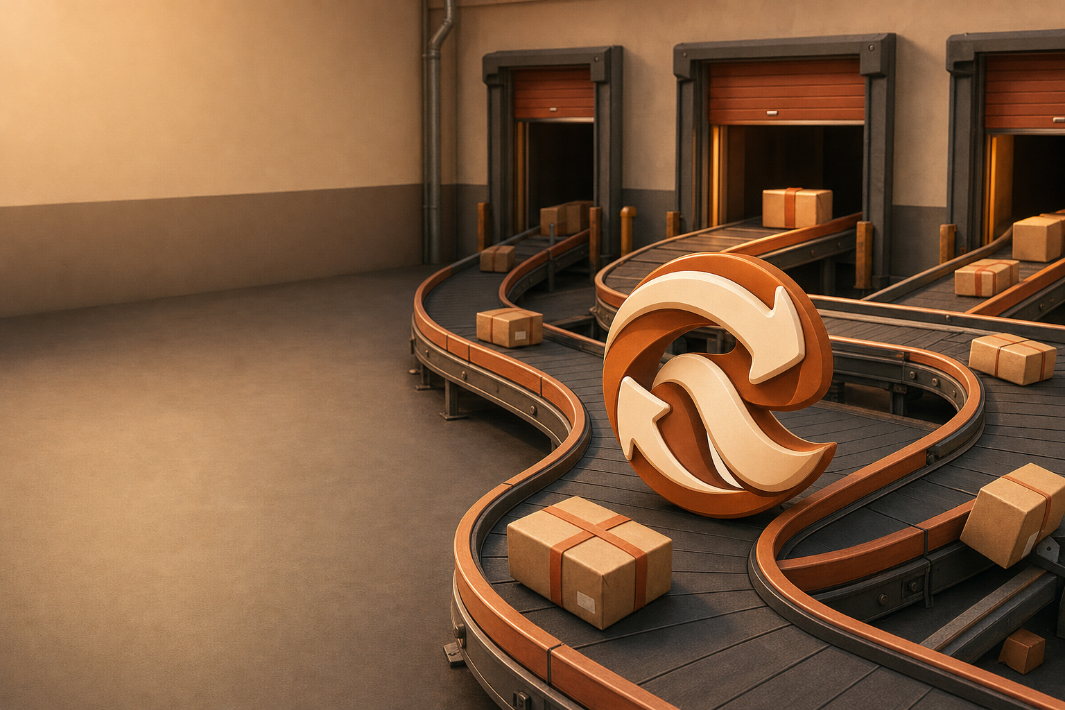 Rollover rolling along curved conveyor belts between parcels and loading doors in a depot